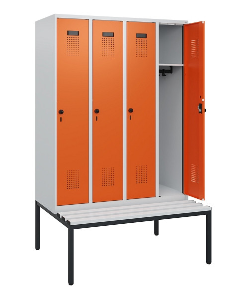 C+P Spind Evolo PLUS, 4 Abteile, 1950x1200x815mm, 7035/2004, Drehriegel, Sitzfläche Kunststoff, Sitzbank, 0490505-40 S10056