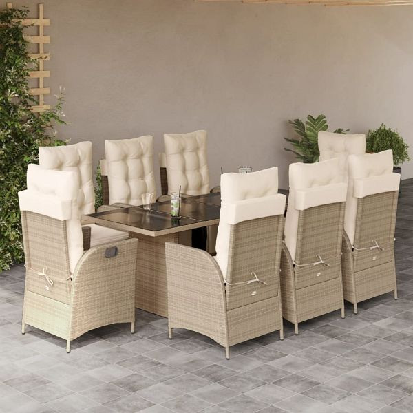 vidaXL 9-teilig Garten-Essgruppe mit Kissen Beige Poly Rattan, 3213359