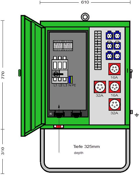 Elektra Tailfingen Verteilerschrank 44 kVA mit RCD Typ B und RCD Typ A, 4 CEE-Abgänge 16-32A und 6 Schutzkontakt-Steckdosen, V 63N/A/622-2, 183218