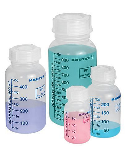 DENIOS Weithalsflaschen aus PP, Volumenskala, mit Schraubverschluss, 100 ml, VE: 30 Stück, 281906