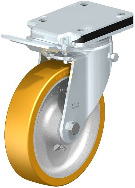 Blickle LH-GTH 200K-IS Stahlblech-Lenkrolle, Schwerlast-Ausführung, mit Anschraubplatte & Feststeller, Blickle Extrathane®, Hellbraun, 620765