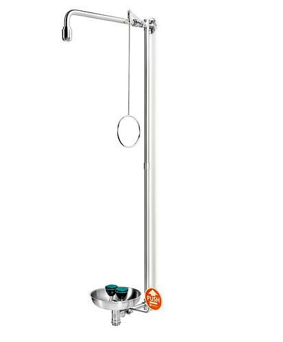 B-SAFETY Körperdusche mit Augendusche mit Auffangbecken, Edelstahl, Wandmontage, BR 867095, DVGW, 305275
