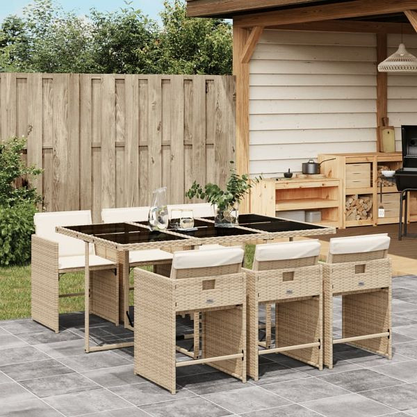 vidaXL 7-teilig Garten-Essgruppe mit Kissen Beige Poly Rattan, 3211090