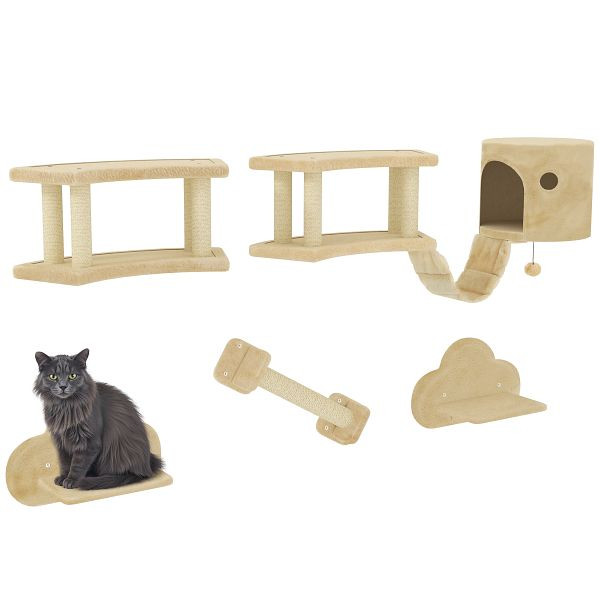 PawHut 5-teiliges Katzen-Kletterset mit Kratzpfosten, Sprungplattformen, Leiter, Haus, Wandmontage, Beige, D30-858V01BG