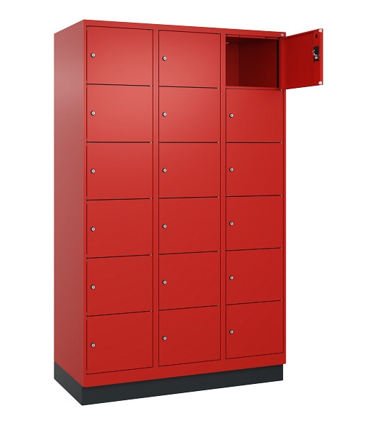 C+P Schließfachschrank Evolo PLUS, mit Sockel, 18 Fächer, 1950x1200x500mm, 3020/3020 Verkehrsrot, 049020-326 S10025