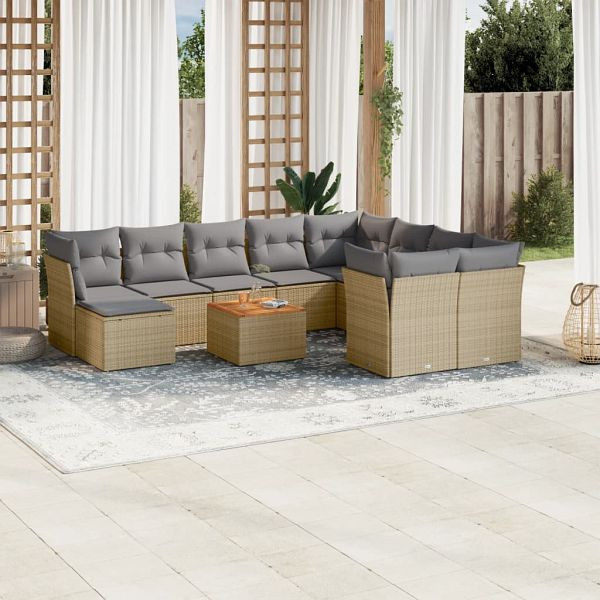vidaXL 11-teilig Garten-Sofagarnitur mit Kissen Beige Poly Rattan, 3223973