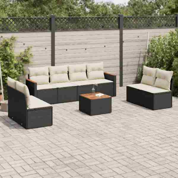 vidaXL 9-tlg. Garten-Sofagarnitur mit Kissen Schwarz Poly Rattan, UV-beständig, 3258297
