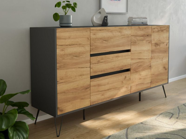 Posseik Sideboard Industrial Q 180cm 3 Schubladen 3 Türen Grafit/Eiche Front, PN2094X0000019DE