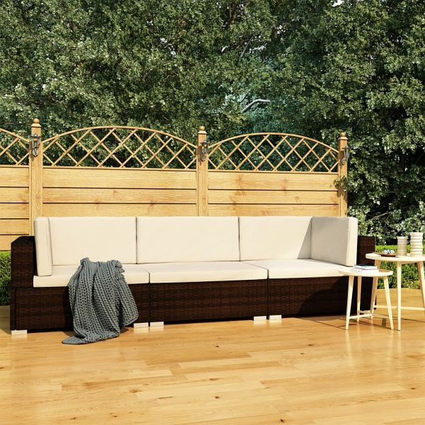 vidaXL 3-teilig Garten-Sofagarnitur mit Auflagen Poly Rattan Braun, 47265