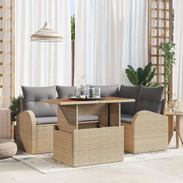 vidaXL 5-teiliges Garten Essset mit Kissen Beige Poly Rattan Akazie, 3349580