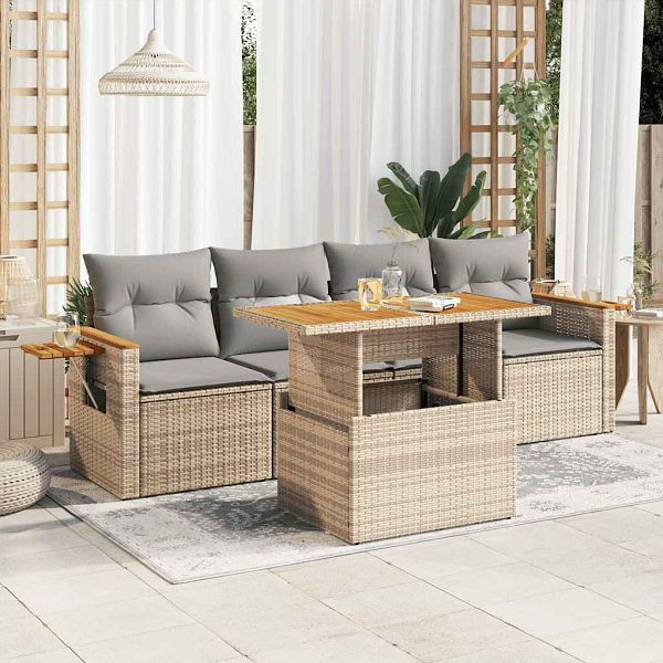 vidaXL 5-tlg. Garten-Sofagarnitur mit Kissen Beige Poly Rattan Akazie, 3327545