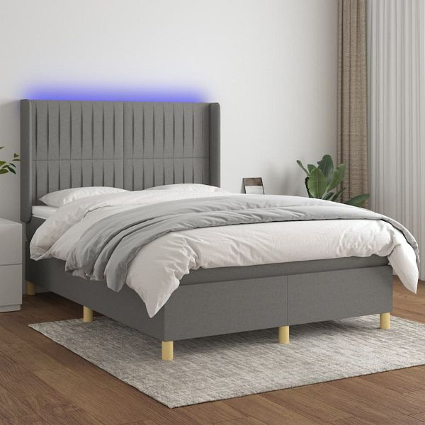 vidaXL Boxspringbett mit Matratze & LED Dunkelgrau 140x200 cm Stoff, 3139038