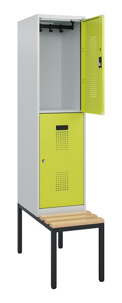 C+P Doppelstöckiger Spind Evolo PLUS, Bank, 2 Fächer, 1950x400x815mm, 7035/0024, Zylinderschloss, Sitzfläche Buche-Hartholz, Sitzbank, 0493505-12 S10042