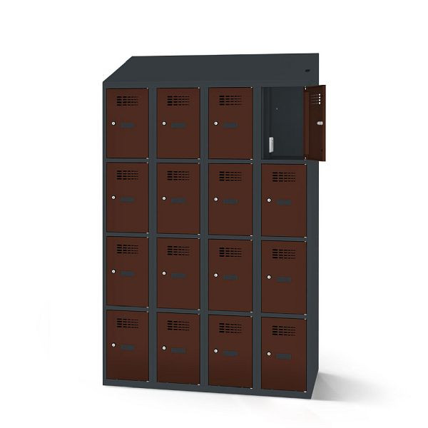 Rotstahl Fächerschrank, 16 Fächer, kurzer Sockel, mit Ladefunktion, Schrägdach, Korpus: anthrazitgrau, Türen: mahagoni, 2180-040400-1201112-7016-8016