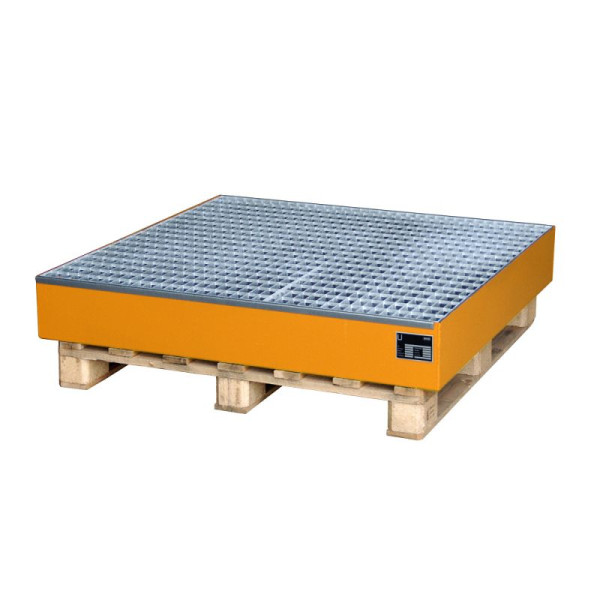 STEIN HGS Auffangwanne Serie 2000, 216 Liter, RAL 2000 gelborange, Gesamthöhe 185 mm, lackiert, 4 x 200 Liter Fass, Gitterrost, 79194.0043