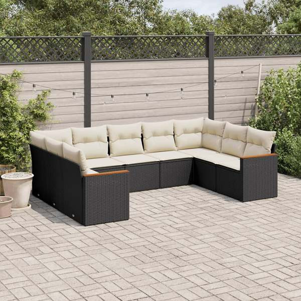 vidaXL 9-tlg. Garten-Sofagarnitur mit Kissen Schwarz Poly Rattan, UV-beständig, 3226273