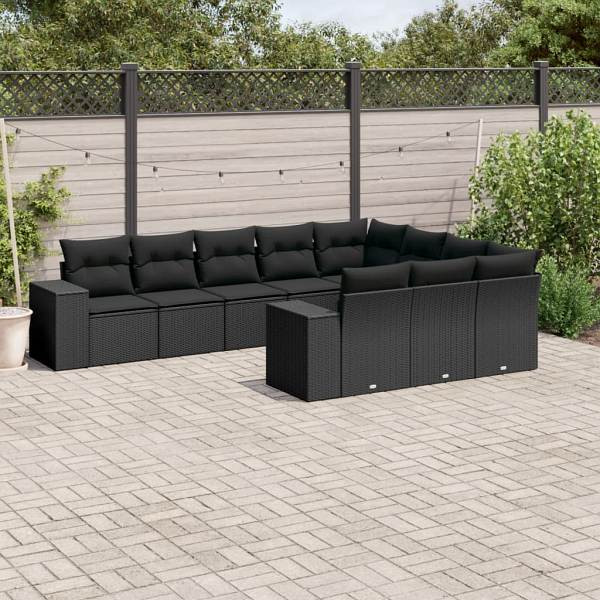 vidaXL 10-tlg. Garten-Sofagarnitur mit Kissen Schwarz Poly Rattan, UV-beständig, 3223084