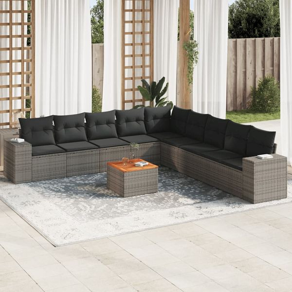 vidaXL 10-tlg. Garten-Sofagarnitur mit Kissen Grau Poly Rattan, 3257824
