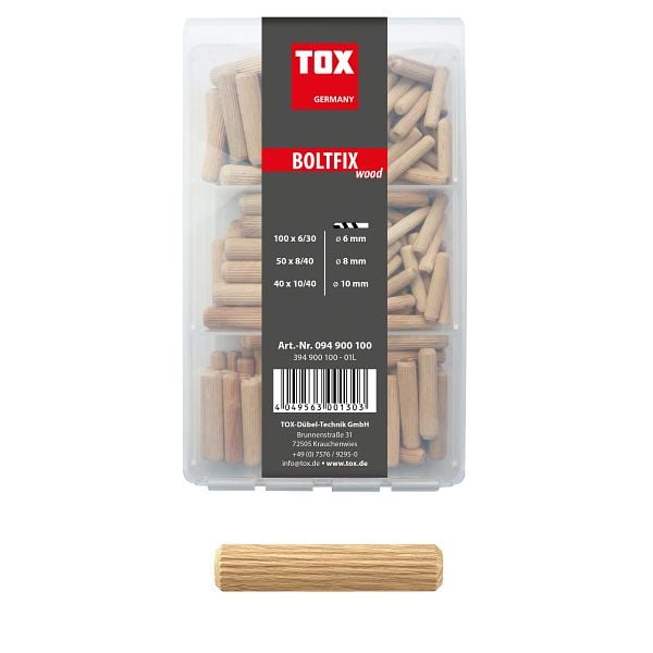 TOX Holzdübel Sortiment 190 teilig Boltfix wood 100x 6x30 mm, 50x 8x40 mm, 40x 10x40 mm, Riffeldübel aus massiver Buche, 094900100