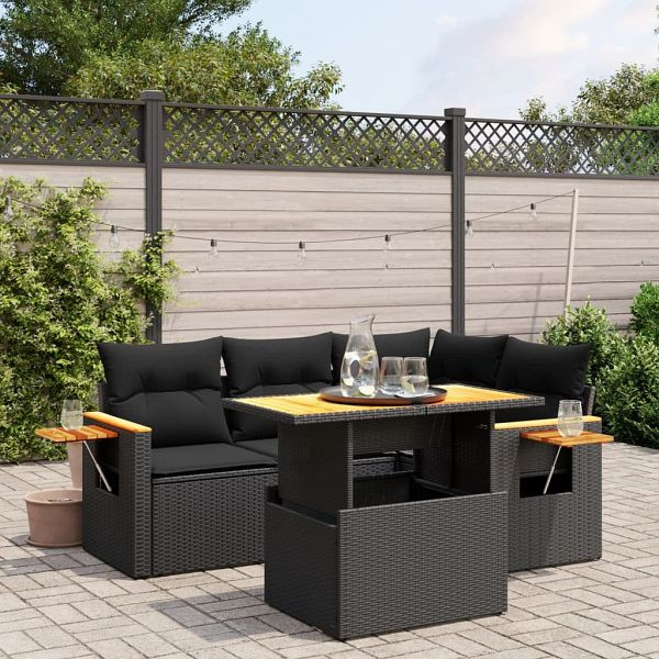 vidaXL 5-teilig Garten-Sofagarnitur mit Kissen Schwarz Poly Rattan, 3273498