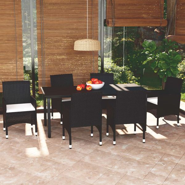 vidaXL 7-tlg. Garten-Essgruppe mit Kissen Poly Rattan Schwarz, 3094977