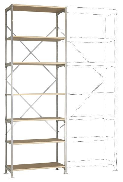 Manuflex Mittelschweres Fachboden-Steckregal Budget Grundregal mit 7 Holzverbundböden, HxBxT = 3000 x 1030 x 500 mm, RB2225