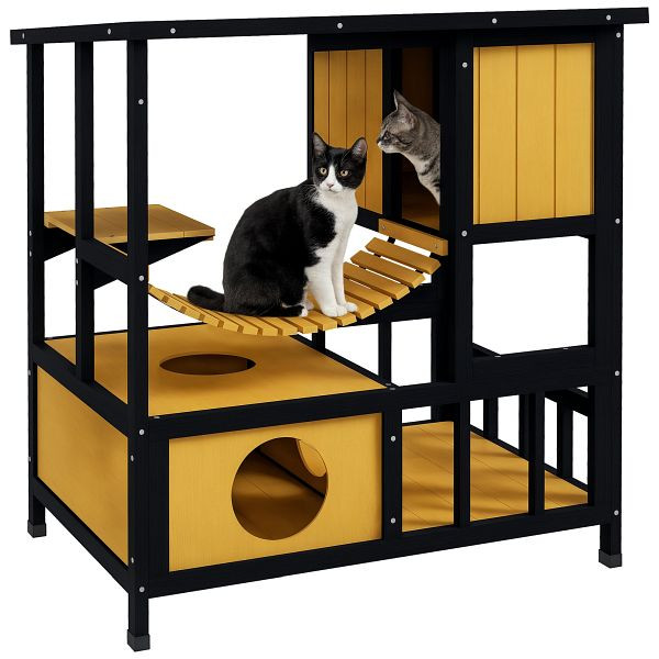 PawHut Katzenhaus Katzenhütte Katzenhöhle, wetterbeständig, 1 Rampe, 1 Plattform, 84,5 x 60 x 88 cm, Grün + Natur, D30-782V00YL
