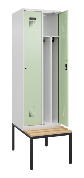 C+P Spind Evolo PLUS, 2 Abteile, 2120x600x815mm, 9016/6019, Zylinderschloss, Sitzfläche Buche-Hartholz, Sitzbank, 0490507-20F S10046