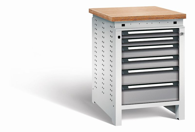 Otto Kind Werkbank Serie function Typ 110, Multiplexplatte, bündig, 6 Schubladen, mit Zentralverschluss, Gehäuse RAL 7035, Front RAL 7037, 072327167