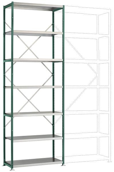 Manuflex Mittelschweres Fachboden-Steck-Grundregal mit 7 Stahlböden, HxBxT = 3000 x 1030 x 400 mm, graugrün, RP1618.0001