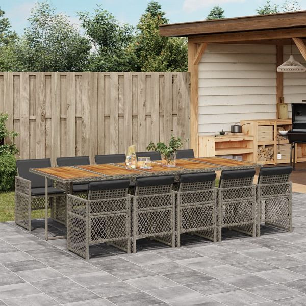 vidaXL 11-tlg. Garten-Essgruppe mit Kissen Grau Poly Rattan, 3210758