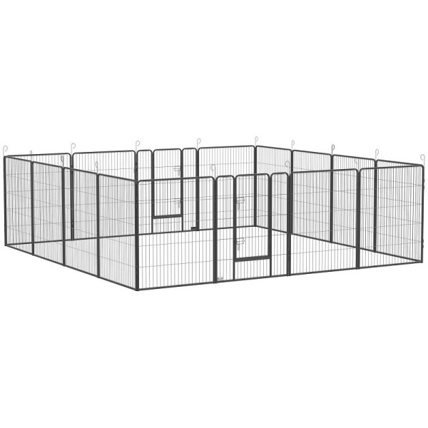 PawHut Welpenauslauf, modulares Design, 16 Elemente, 2 Türen, wetterfest, Stahl, 3,2 x 3,2 x 1 m, grau, D06-179V00GY