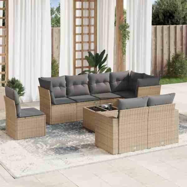 vidaXL 9-tlg. Garten-Sofagarnitur mit Kissen Beige Poly Rattan, UV-beständig, 3219239