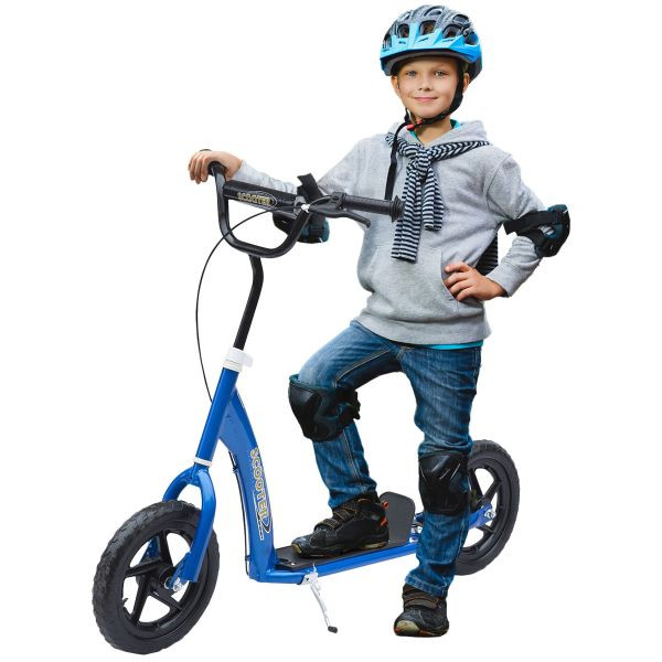HOMCOM Kinderroller mit Hinterbremse 12 Zoll Scooter Tretroller EVA Blau, 371-027BU