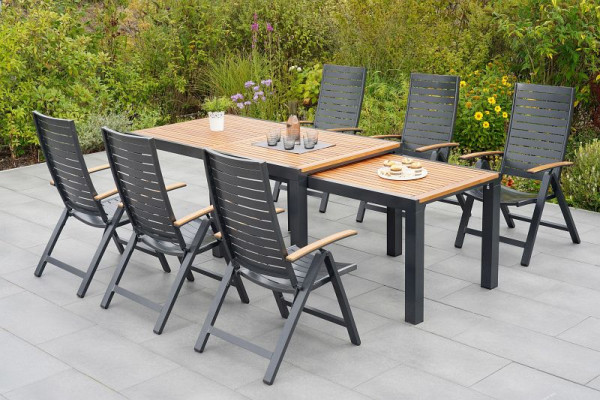 Merxx Astros Set 7-teilig, 6 Astros Klappsessel, 1 Flex Ausziehtisch 180 (300) x 100 cm, Aluminium mit FSC Akazienholz, 50629-217
