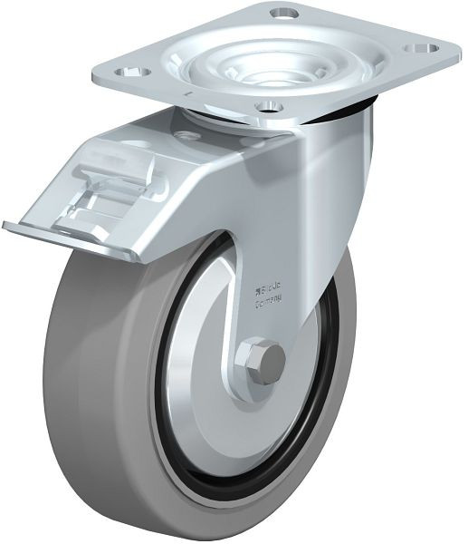 Blickle L-POEV 125G-FI-SG-FA Stahlblech-Lenkrolle, mittelschwere Ausführung, mit Anschraubplatte & Feststeller, Elastik-Vollgummi, Grau, 850537