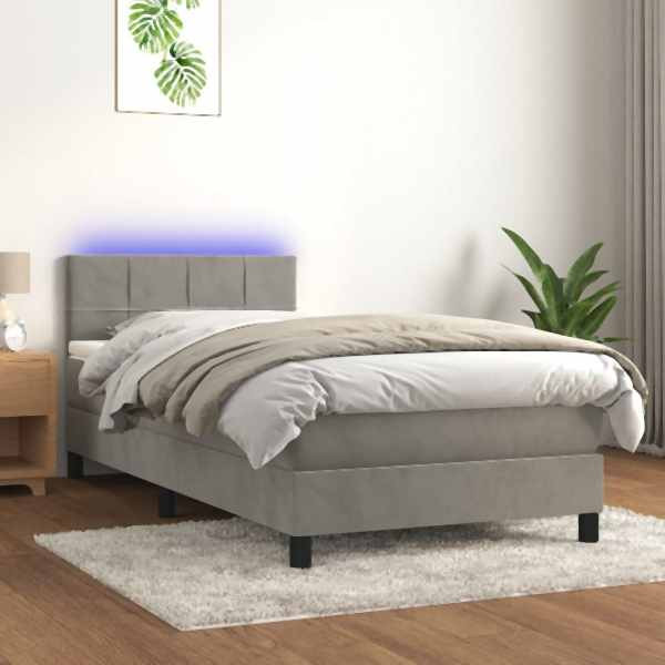 vidaXL Boxspringbett mit Matratze & LED Hellgrau 100x200 cm Samt, 3134387
