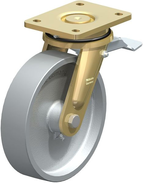 Blickle LS-G 200G-ST Stahlgeschweißte Schwerlast-Lenkrolle, schwere Drehkranz-Ausführung mit Feststeller, Guss, Grau, 59303