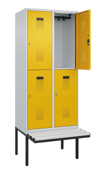 C+P Doppelstock-Spind Evolo PLUS, Bank, 4 Fächer, 2120x800x815mm, 7035/1004, Zylinderschloss, Sitzfläche Kunststoff, 0493407-22 S10108