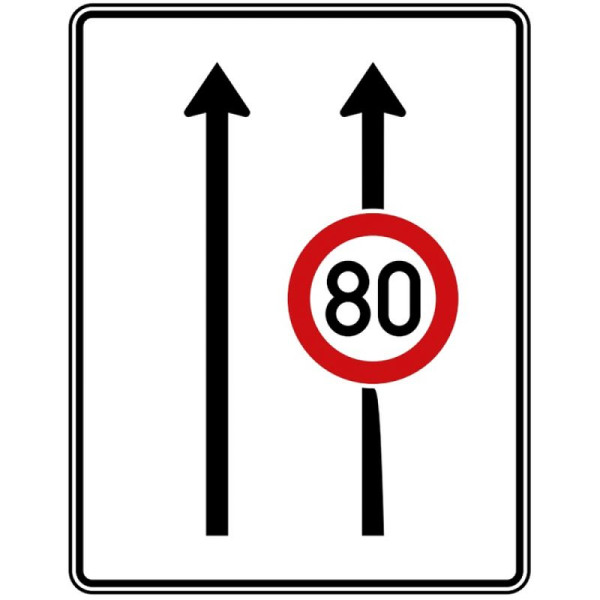 Stein HGS Fahrstreifentafel ohne Gegenverkehr, 2 Streifen in Fahrtrichtung, 1 Streifen mit Höchstgeschwindigkeit Nr. 523-30, RA1/Flachform 2mm, ohne Entfernungsangabe, 1600x1250mm, 523-30-111