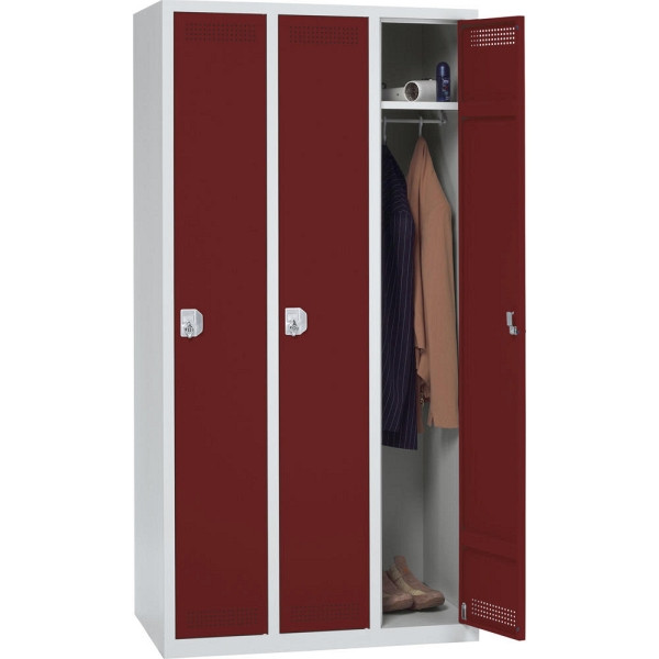 Deskin Garderoben-Stahlspind SP PROFI SYSTEM, 3 Abteile 300 mm, Drehriegel, Lichtgrau x rubinrot, H 1700 x B 870 x T 500 mm, Gewicht 54 kg, 225712