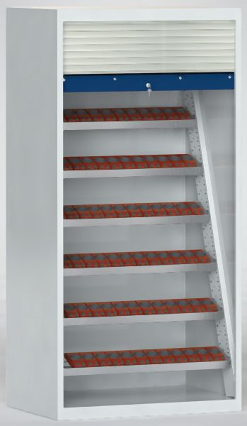 KLW Rollladenschrank 1950x950x605mm HxBxT, lichtgrau, abschließbar, 6 verstellbare Tablare, 72 Werkzeughalter SK40, 7RNP-LA1950RK-7240XWB