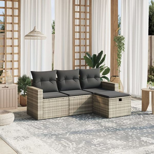vidaXL 4-teilig Garten-Sofagarnitur mit Kissen Hellgrau Poly Rattan, 3263448