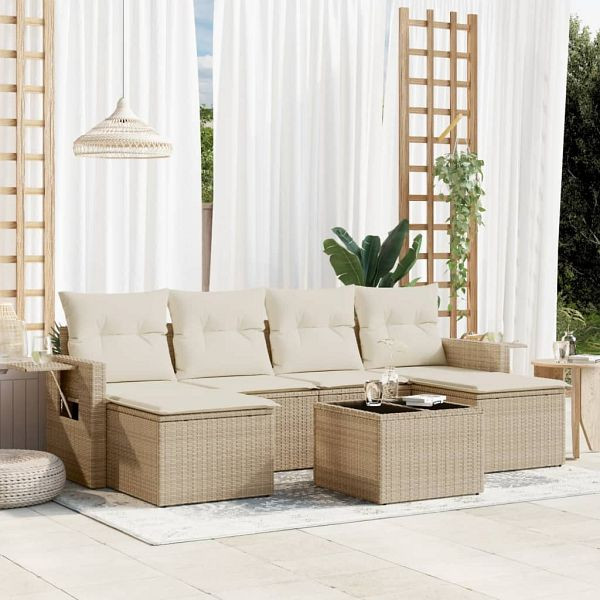 vidaXL 7-tlg. Garten-Sofagarnitur mit Kissen Beige Poly Rattan, 3252865