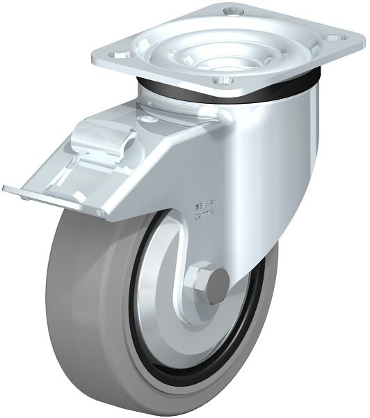 Blickle LK-POEV 125R-1-FI-SG-FA Stahlblech-Lenkrolle, schwere Ausführung, mit Anschraubplatte & Feststeller, Elastik-Vollgummi, Grau, 614974