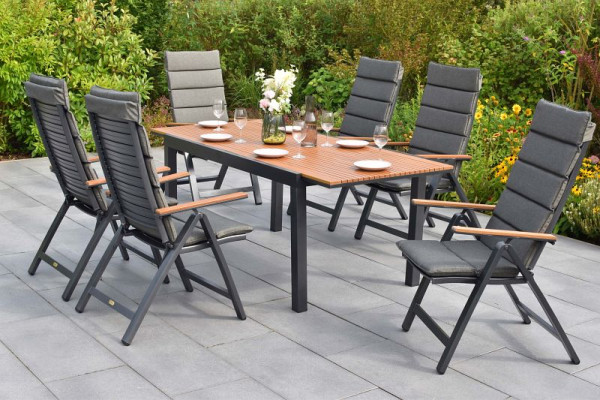 Merxx Astros Set 13-teilig, 6 Astros Klappsessel, 6 Kissen, grau, Ausziehtisch, 150 (200) x 90 cm, Tischplatte Kunstoff, Holzoptik, 50196-800