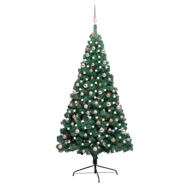 vidaXL Künstlicher Halb-Weihnachtsbaum Beleuchtung Kugeln Grün 210 cm, 3077566
