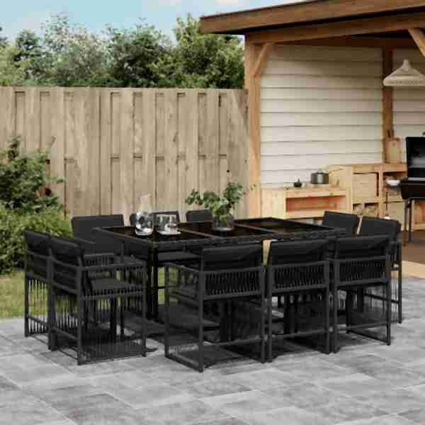 vidaXL 11-tlg. Garten-Essgruppe mit Kissen Schwarz Poly Rattan, UV-beständig, 3211747