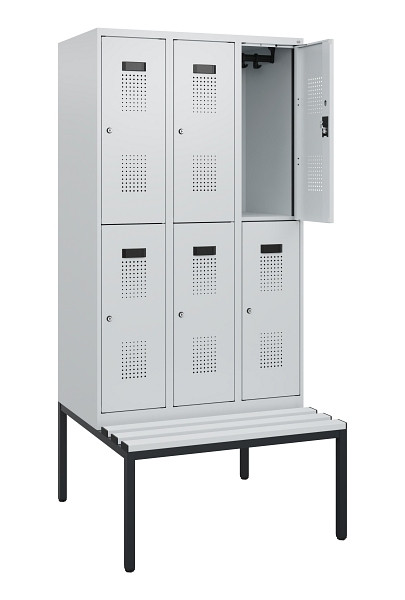 C+P Doppelstöckiger Spind Evolo PLUS, Bank, 6 Fächer, 1950x900x815mm, 7035/7035, Zylinderschloss, Sitzfläche Kunststoff, Sitzbank, 0493505-30 S10148