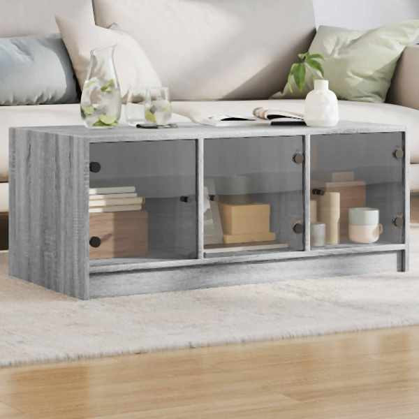 vidaXL Couchtisch mit Glastüren Grau Sonoma 102x50x42 cm, 836418
